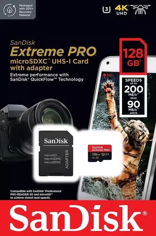 Карта пам'яті SanDisk 128 GB microSDXC UHS-I U3 Extreme Pro + SD Adapter (SDSQXCD-128G-GN6MA)