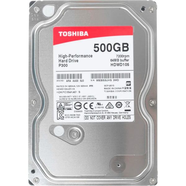 Накопичувач HDD SATA 500GB Toshiba P300 7200rpm 64MB (HDWD105UZSVA)