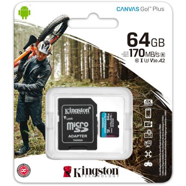 Карта пам'яті MicroSDXC card 64G U3 KINGSTON Canvas Go! Plus 170R/90W + adapter (SDCG3/64GB)