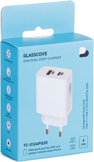 Мережевий зарядний пристрій Glasscove 20W 2-PORT TYPE-C + USB (TC-012APQ20)