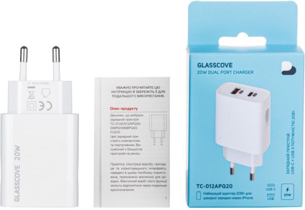 Мережевий зарядний пристрій Glasscove 20W 2-PORT TYPE-C + USB (TC-012APQ20)