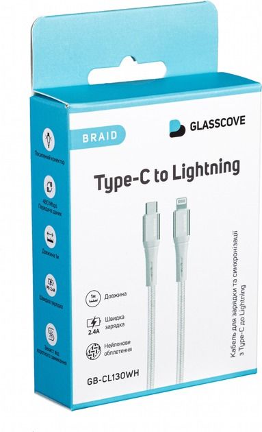 Кабель Glasscove BRAID Type-C - Lightning 30w 1.2m (GB-CL130WH) White