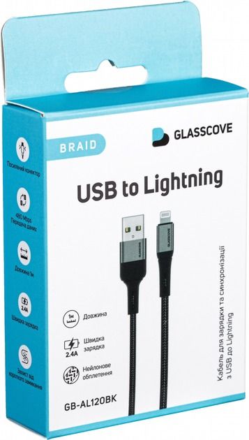 Кабель Glasscove BRAID USB - Lightning 2.4A 1m (GB-AL120BK) Black