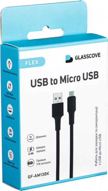 Кабель Glasscove FLEX USB - Micro USB 2.4A 1m (GF-AM13BK) Black