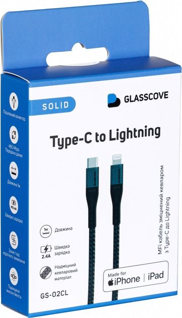 Кабель Glasscove  SOLID Type-C - Lightning MFi 27w 1m (GS-02CL)