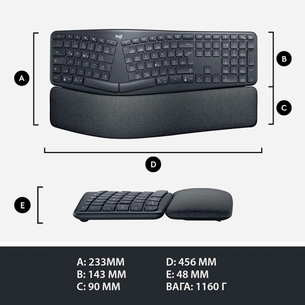 Клавіатура Logitech ERGO K860 Bluetooth/Wireless UA Black (920-010108, 920-010352)