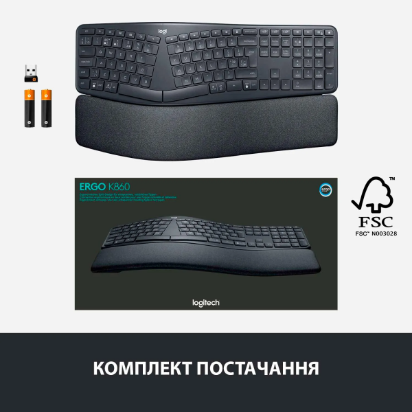 Клавіатура Logitech ERGO K860 Bluetooth/Wireless UA Black (920-010108, 920-010352)