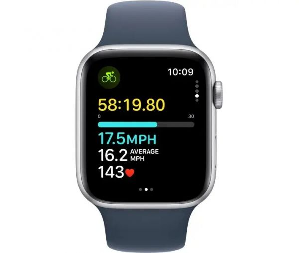 Apple Watch SE 2 GPS 44mm Silver Aluminium Case with Storm Blue Sport Band S/M (MREC3)